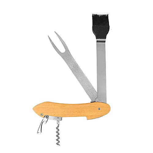Grill Father Five in One Tool Grill Accessory - Engraved Laser Color Brown On Beech Wood Includes Stainless Steel Spatula Basting Brush Fork Wine Opener Bottle Opener 11 1/2" x 1 3/4" 3