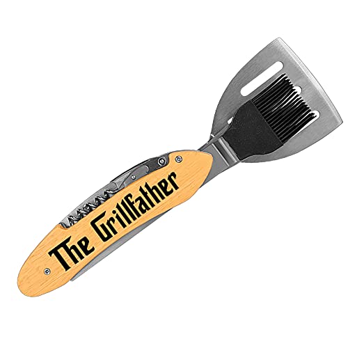 Grill Father Five in One Tool Grill Accessory - Engraved Laser Color Brown On Beech Wood Includes Stainless Steel Spatula Basting Brush Fork Wine Opener Bottle Opener 11 1/2" x 1 3/4" 2