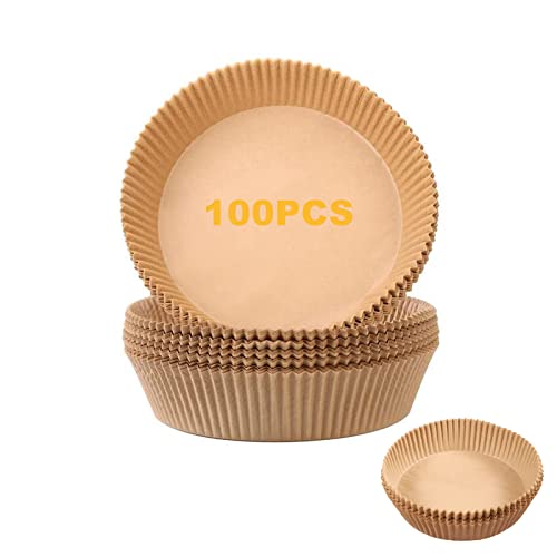 Air Fryer Disposable Paper Liner, 100PCS Natural Parchment Paper Non-Stick Air Fryer Liners Cooking Paper, Oil-Proof, Water-Proof, Food Grade Parchment for Roasting Microwave Oven Steamer 2