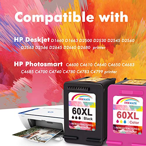 INKMATE Remanufactured Ink Cartridge Replacement for HP 60XL Ink Cartridge Combo Pack Black and Color for HP Photosmart C4680 D110, Deskjet D2680 F2430 F4210 Printer (1 Black, 1 Tri-Color) 4