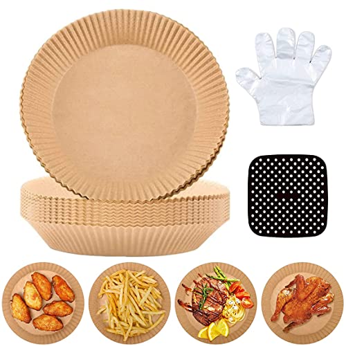 Air Fryer Liner Disposable 100PCS, Non-Stick Air Fryer Parchment Paper Oil-proof, Water-proof for Air Fryer Basket, Baking, Roasting, Microwave with 100PCS BPA free Gloves & Silicon Liner 2