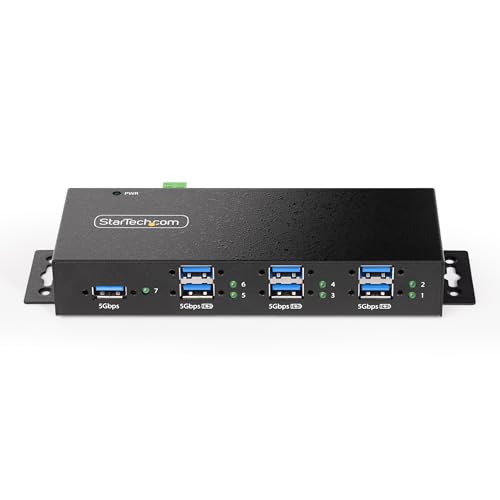 StarTech.com 7-Port Managed USB Hub with 7X USB-A, Heavy Duty with Metal Industrial Housing, ESD & Surge Protection, Wall/Desk/Din-Rail Mountable, USB 3.0/3.1/3.2 Gen 1 5Gbps, TAA 3