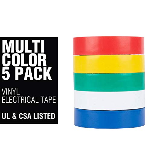 Cambridge Vinyl Electrical Tape, 1/2-In x 20-Ft x 7 Mil, Multi-Color, 5-Rolls, Indoor/Outdoor Use, Flame Retardant, Water Resistant, UL/CSA Listed, Industrial and Contractor Grade 2