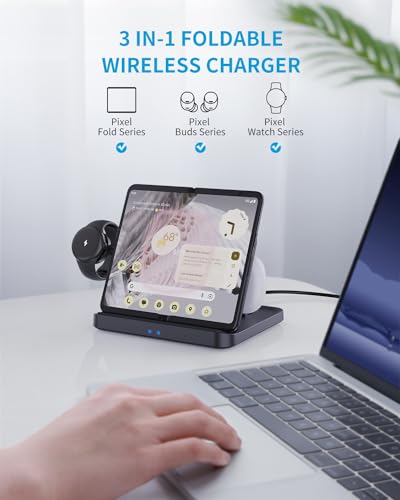 3 in 1 Foldable Wireless Charging Station for Google Pixel 9 Pro Fold(2024), Pixel Buds and Pixel Watch 1, MAKAQI 15W Wireless Charger Stand for Google Pixel Fold, Not for Pixel Watch 2nd 2