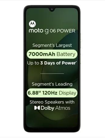 Motorola Moto g06 Power (Pantone Tendril, 4GB RAM, 64GB Storage) | 7000mAh Battery | 6.88" 120Hz HD+ Display | 50MP Camera | Android 15 | MediaTek Helio G81 | IP64 | Gorilla Glass 3 4