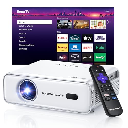 Aurzen Roku TV Smart Projector with Wifi and Bluetooth, Roku Streaming Experience Built-in, 1080P FHD, Dolby Audio, Auto Focus & Keystone, Zoom, Movie Portable Outdoor Mini Projector, White 1