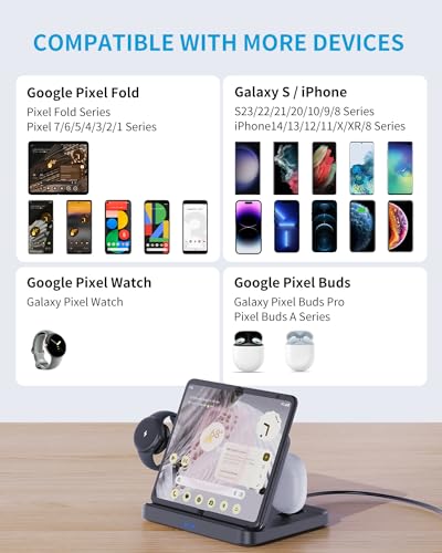 3 in 1 Foldable Wireless Charging Station for Google Pixel 9 Pro Fold(2024), Pixel Buds and Pixel Watch 1, MAKAQI 15W Wireless Charger Stand for Google Pixel Fold, Not for Pixel Watch 2nd 4