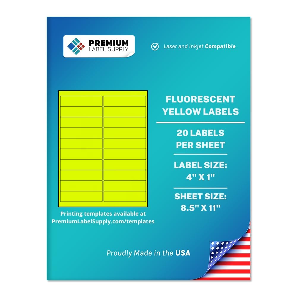 Premium Label Supply Bright Neon Color Fluorescent Sticker Labels - 4" x 1" Address Labels - (Fluorescent Yellow, 2000 Labels) 1