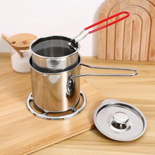 Kichvoe 5Inch Stainless Steel Fry Pot with Lid and Strainer Basket Stove Top Deep Fryer Japanese Tempura Deep Fryer Basket for French Fries Chicken Wings Shrimp with Stove Ring 3