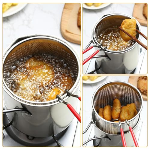 Kichvoe 5Inch Stainless Steel Fry Pot with Lid and Strainer Basket Stove Top Deep Fryer Japanese Tempura Deep Fryer Basket for French Fries Chicken Wings Shrimp with Stove Ring 2