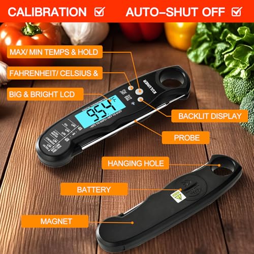 KULUNER TP-01 Waterproof Digital Instant Read Meat Thermometer with 4.6 Folding Probe Backlight Calibration Function for Cooking Food Candy, BBQ Grill, Liquids,Beef(Black) 4