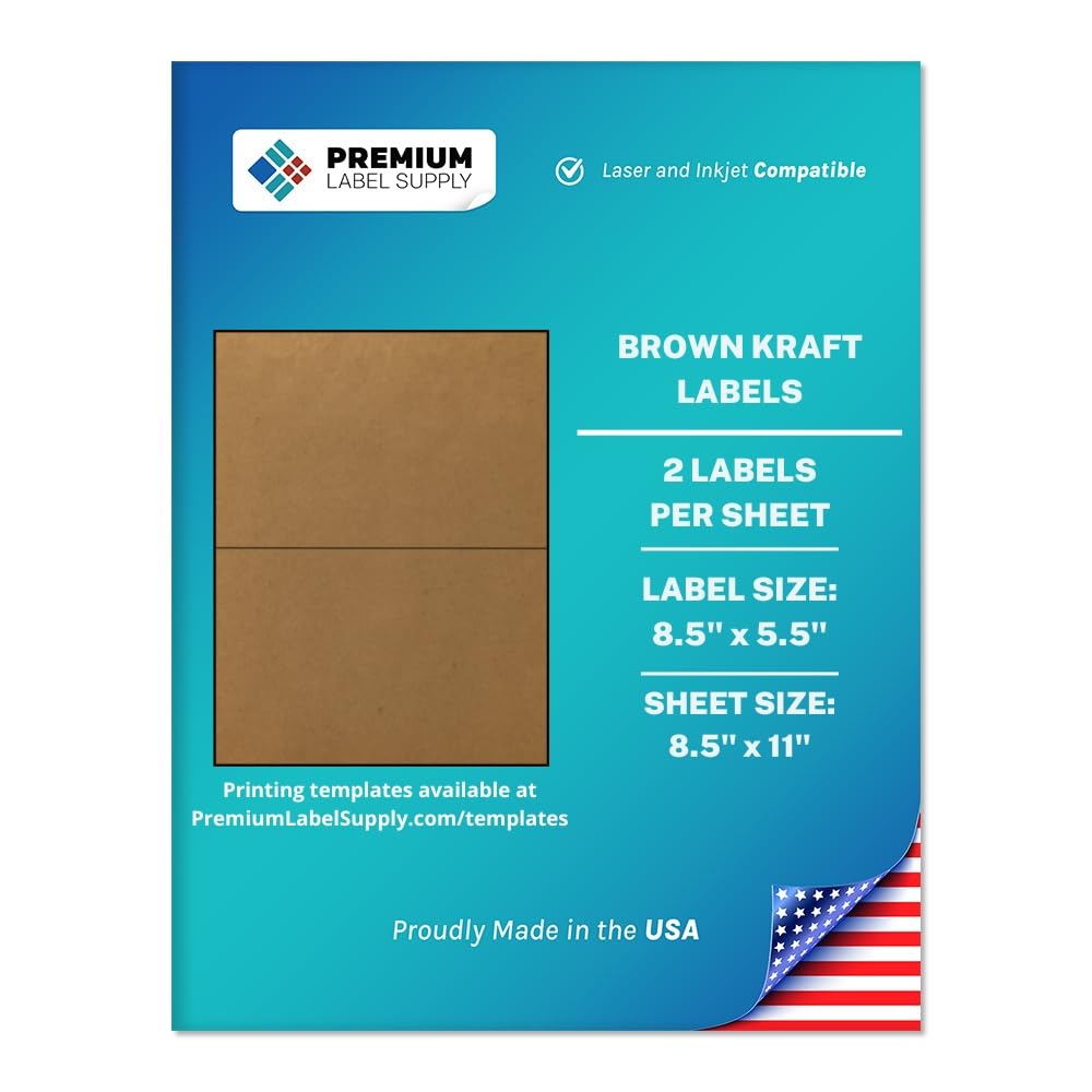 Premium Label Supply Brown Kraft Sticker Labels – 8.5” x 5.5" – Laser/Inkjet Compatible – (2 Labels/Sheet), 100 Sheets – 200 Total Adhesive Labels 1