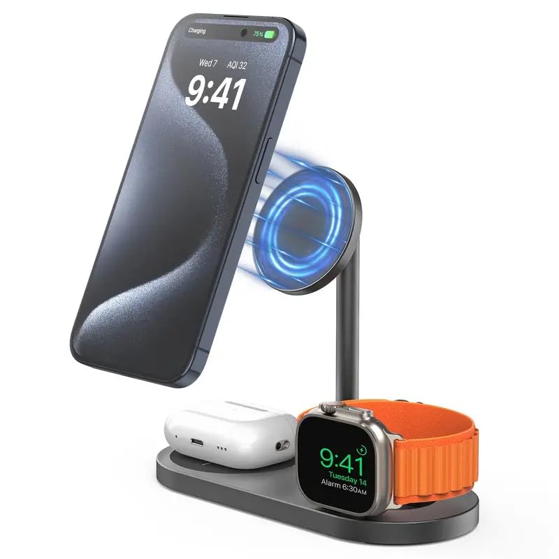 SEDLAV Wireless Charger 6-in-1 Charging Station Compatible with iPhone Pro Max XR XS, iWatch, AirPods - Night Light, Phone Holder, Time Synchronization & Temperature Display (Black) 1