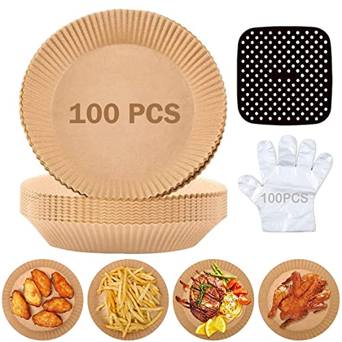 Air Fryer Liner Disposable 100PCS, Non-Stick Air Fryer Parchment Paper Oil-proof, Water-proof for Air Fryer Basket, Baking, Roasting, Microwave with 100PCS BPA free Gloves & Silicon Liner 1