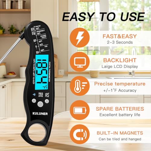 KULUNER TP-01 Waterproof Digital Instant Read Meat Thermometer with 4.6 Folding Probe Backlight Calibration Function for Cooking Food Candy, BBQ Grill, Liquids,Beef(Black) 2