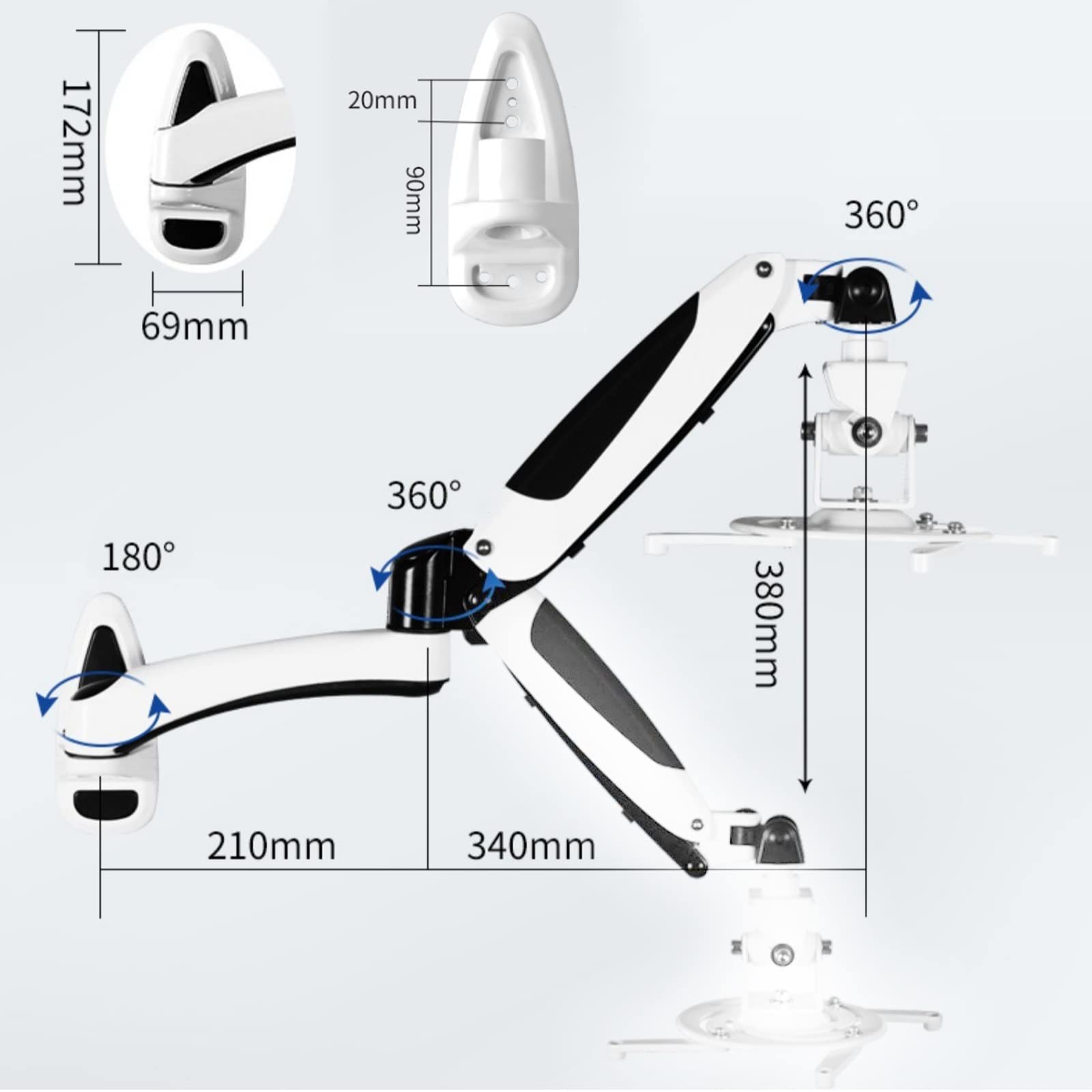Projector Bracket DL-PR03W Universal Projector Wall Mounted Gas Spring Full Motion 2-7kg Projector Holder with Hook Tray and 1/4inch Screw Projector Stand (Color : 1) (1) 4