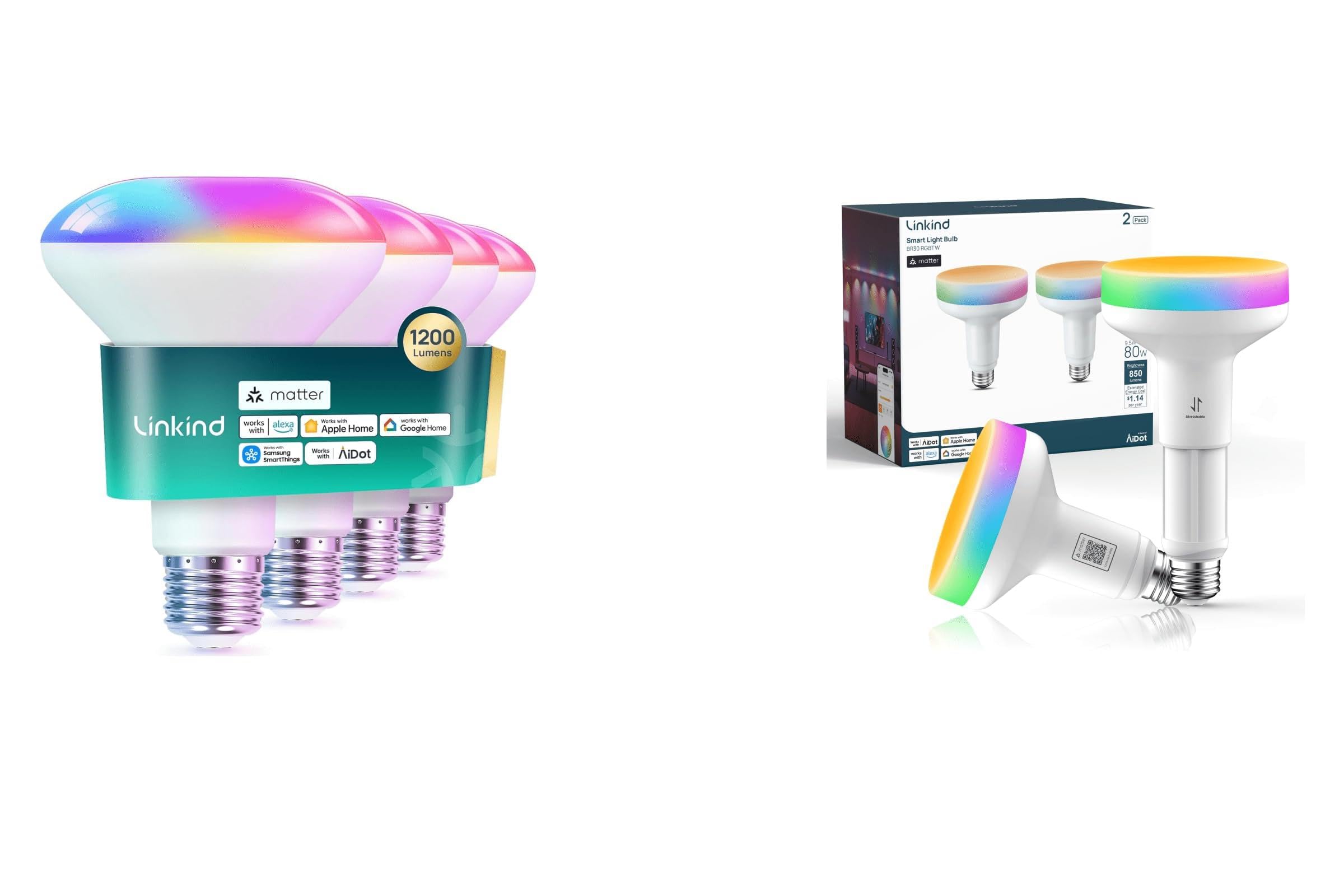 Linkind Matter Smart Light Bulb BR30 1200LM 4 Pack & Matter BR30 Smart Light Bulbs with Retractable Design 2 Pack 1
