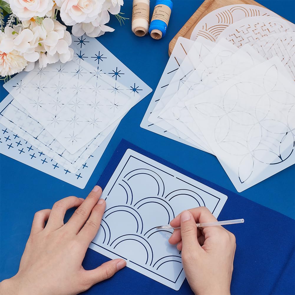 INFUNLY 12PCS Sashiko PET Template 5.9"×5.9" Geometric Sashiko Pattern Template Drawing Line Sashiko Template for Dresses Bags Wave Embroidery Stencils Square Sashiko Stencil for Hand Sewing Lovers 5