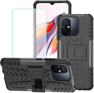 Yerebel for Redmi 12C Case, Poco C55 22120RN86G Case with Tempered Glass Screen Protector, with Kickstand Hard PC Back Cover Soft TPU Dual Layer Protection Phone Cover for Xiaomi Redmi 12C (Black) 1