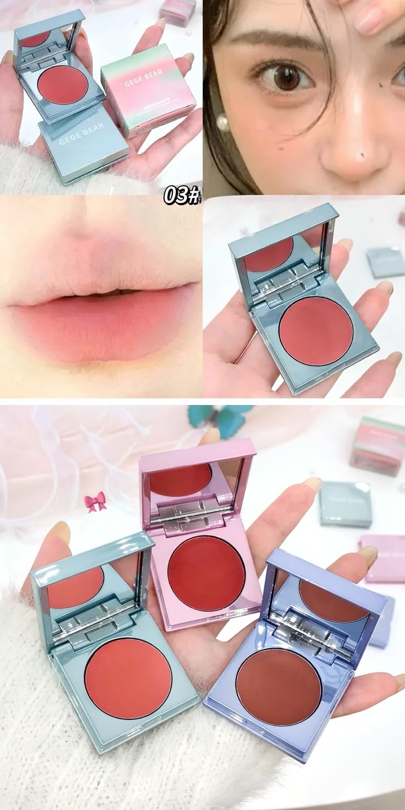 Gege Bear Tipsy Cream Blush | Kawaii Aesthetic Pastel Colors Pink Light Brown Red Rose | Soft & Smoothly Blend | Lightweight Feel Long Lasting Waterproof | 2 in 1 Lip and Cheek Balm | Silk Heart Blush Compact | Glow for Cheeks | Best For Women (02# Xia Xiao, 2.5g) 5