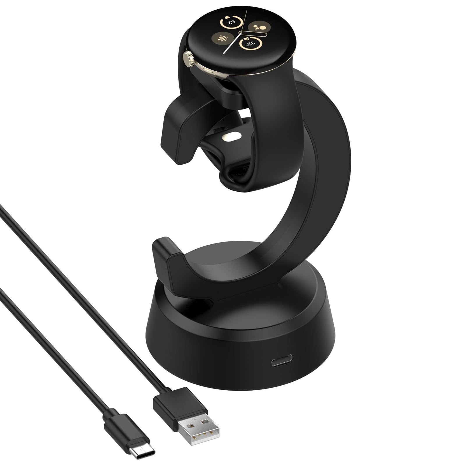 AWADUO Silicone Anti-Slipping Desktop Base Stand Compatible with Google Pixel Watch 3/Pixel Watch 2 Replacement Charing Dock Station with Type C Extension Cord Charger Cables(Black) 3
