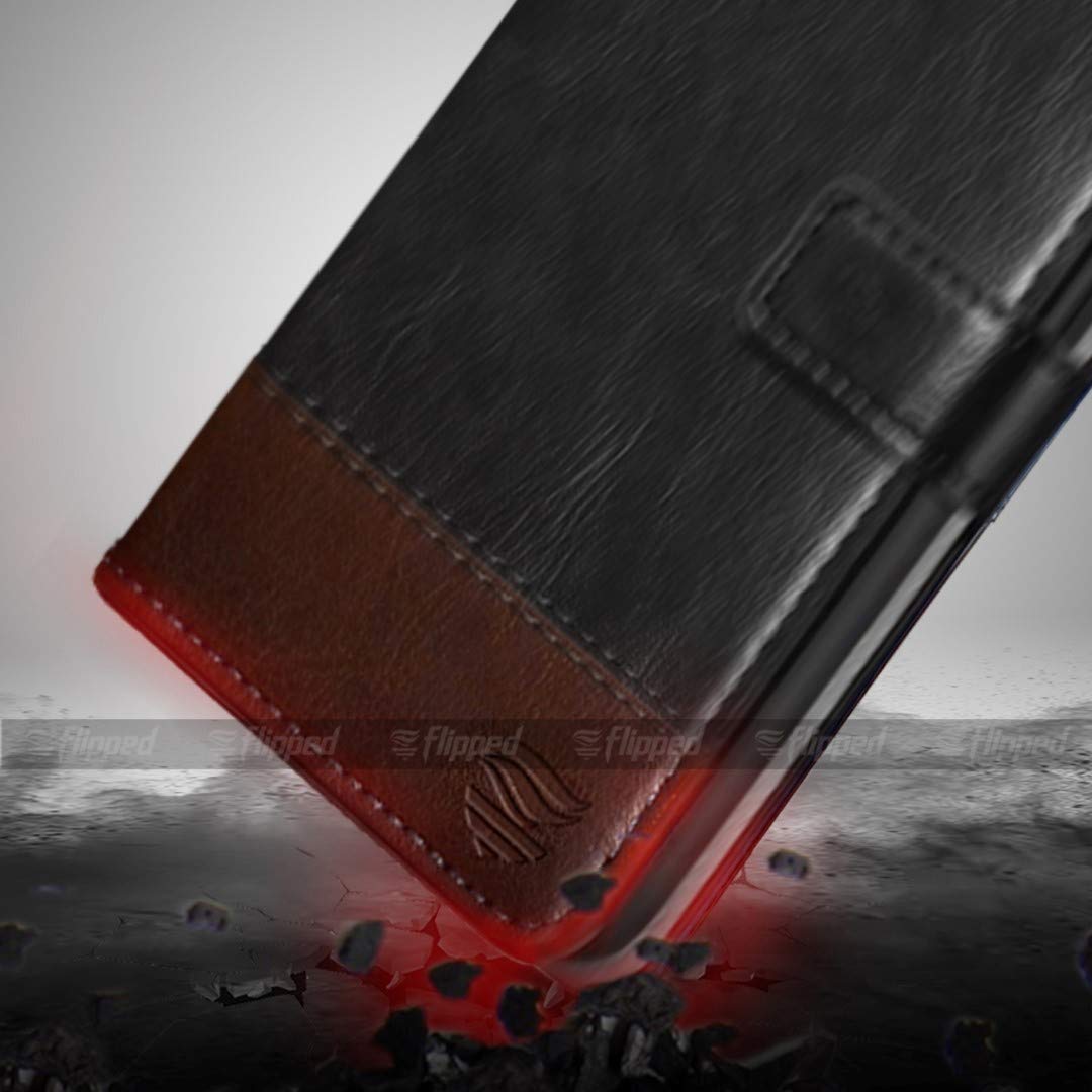 FLIPPED Vegan Leather Flip Case Back Cover for Apple iPhone 13 Pro Max (Flexible, Shock Proof | Hand Stitched Leather Finish | Card Pockets Wallet & Stand | Black with Brown) 5