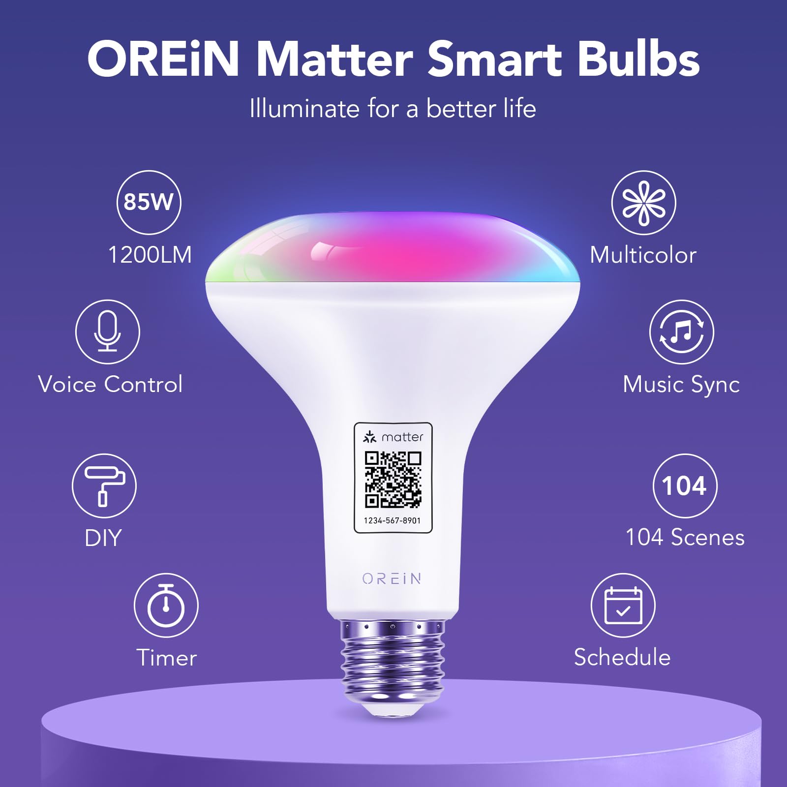 OREiN Matter Smart Light Bulb, 1600/1200 Lumens 100W/85W Equivalent Smart Light Bulbs, Color Changing Light Bulbs Work with Apple Home, Alexa, Google Home, SmartThings 4