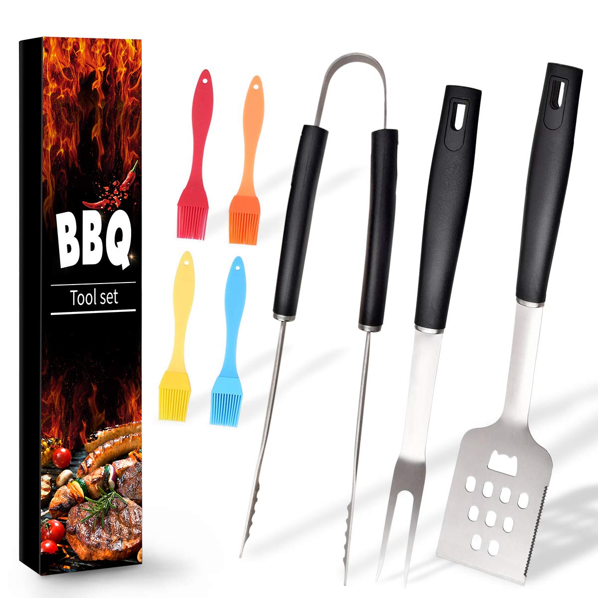 Ranphykx BBQ Grill Tool Set. 7pcs Barbecue Grilling Accessories, Includes - Stainless Steel Spatula, Fork, Tongs, Silicone Basting Brush 1