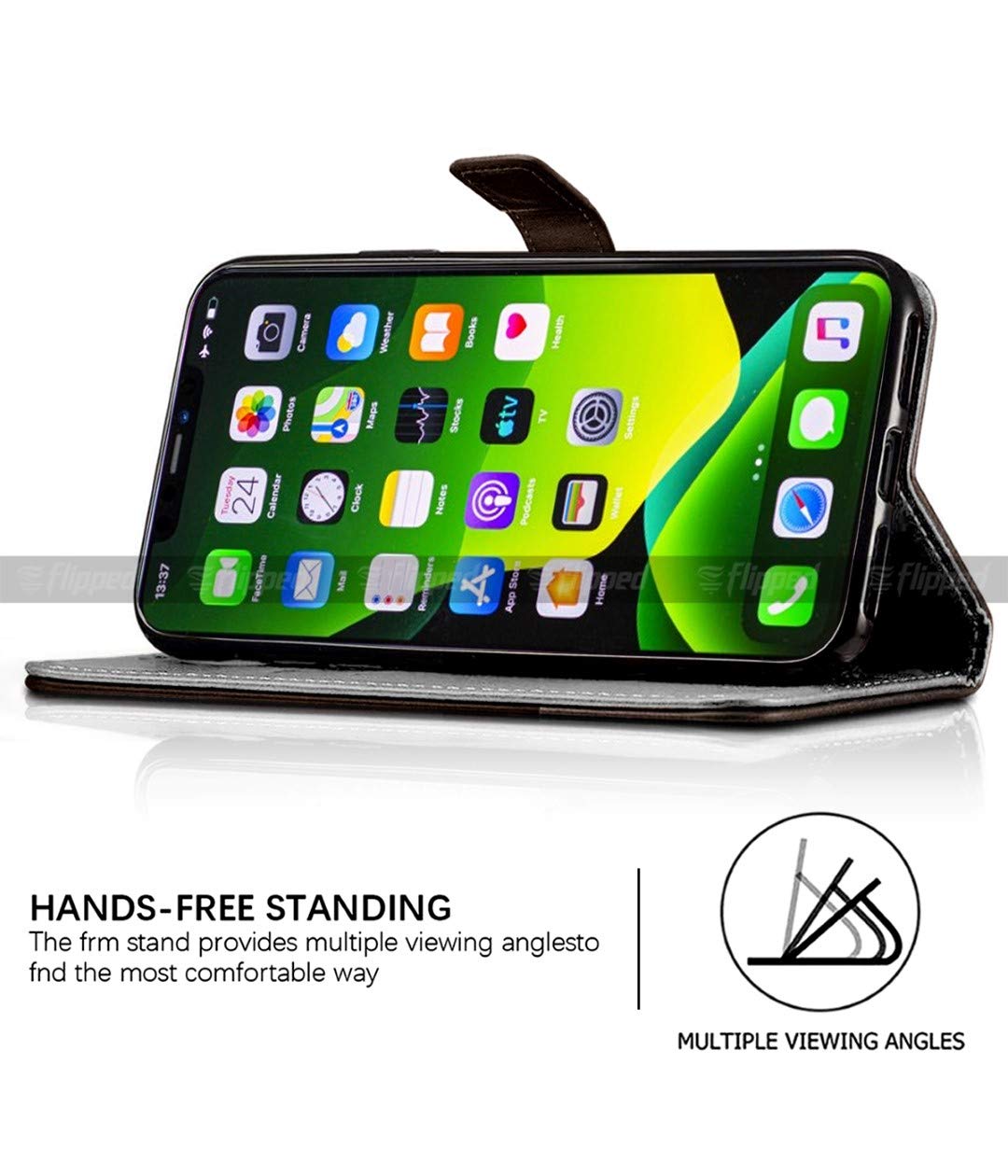 FLIPPED Vegan Leather Flip Case Back Cover for Apple iPhone 13 Pro Max (Flexible, Shock Proof | Hand Stitched Leather Finish | Card Pockets Wallet & Stand | Coffee with Brown) 4