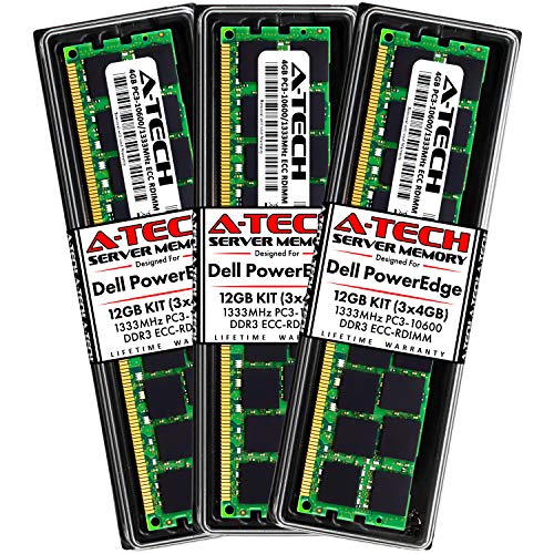 A-Tech 12GB (3x4GB) RAM for Dell PowerEdge C1100, C2100, C6100, C6105, C6145 Servers | DDR3 1333MHz ECC-RDIMM PC3-10600 2Rx4 1.5V 240-Pin ECC Registered DIMM Server Memory Upgrade Kit 1