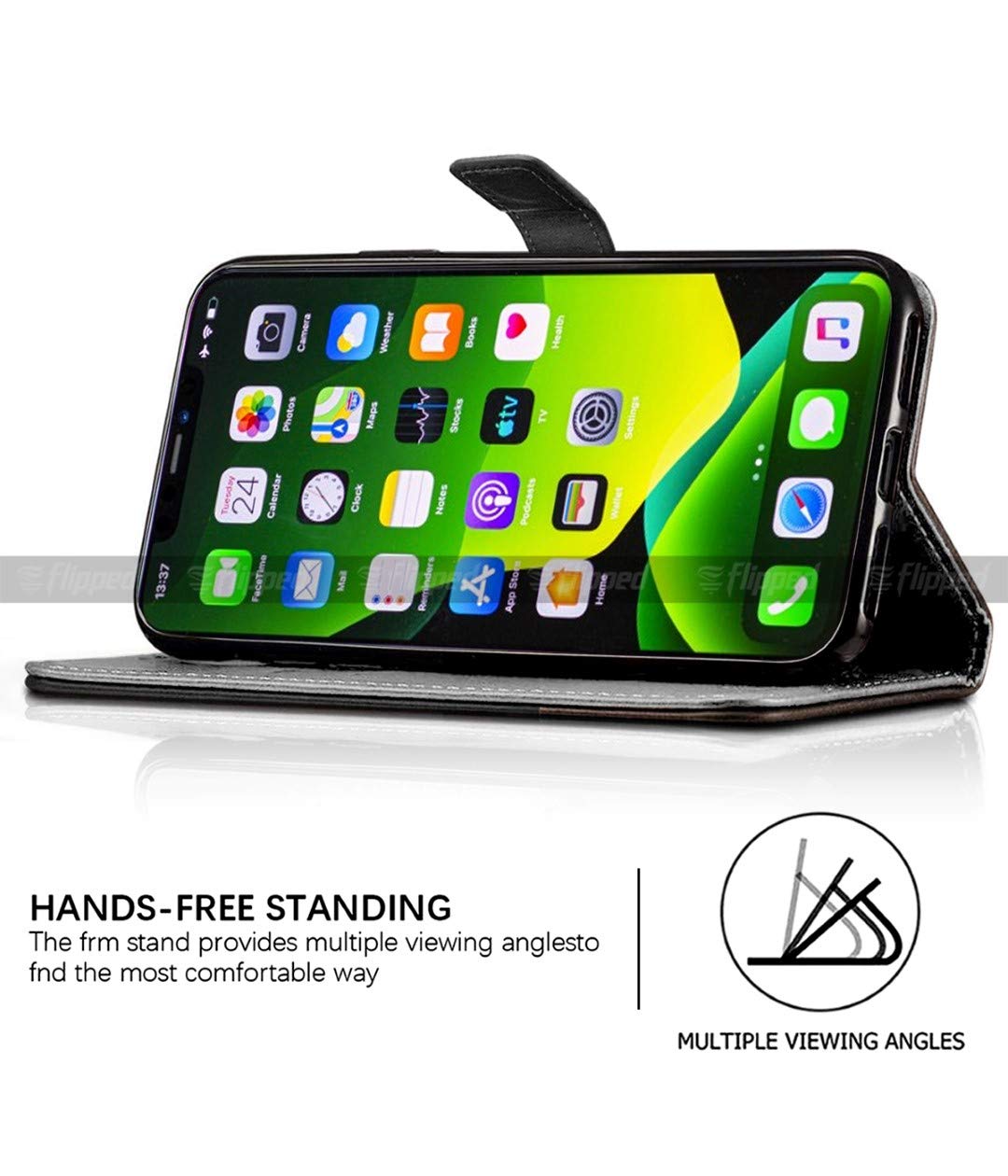 FLIPPED Vegan Leather Flip Case Back Cover for Apple iPhone 13 Pro Max (Flexible, Shock Proof | Hand Stitched Leather Finish | Card Pockets Wallet & Stand | Black with Brown) 4