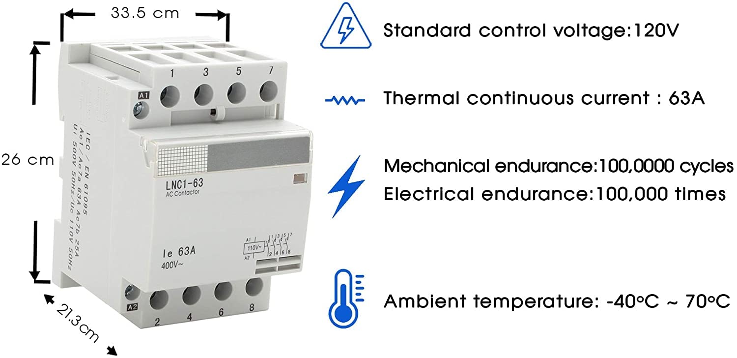 4 Pole Controlsupply Contactor with 120volt AC Coil 50A HC1-63 N/O Universal Circuit Control DIN Rail Mount 63A, Lighting 40A, 30A, Silent Operation 5