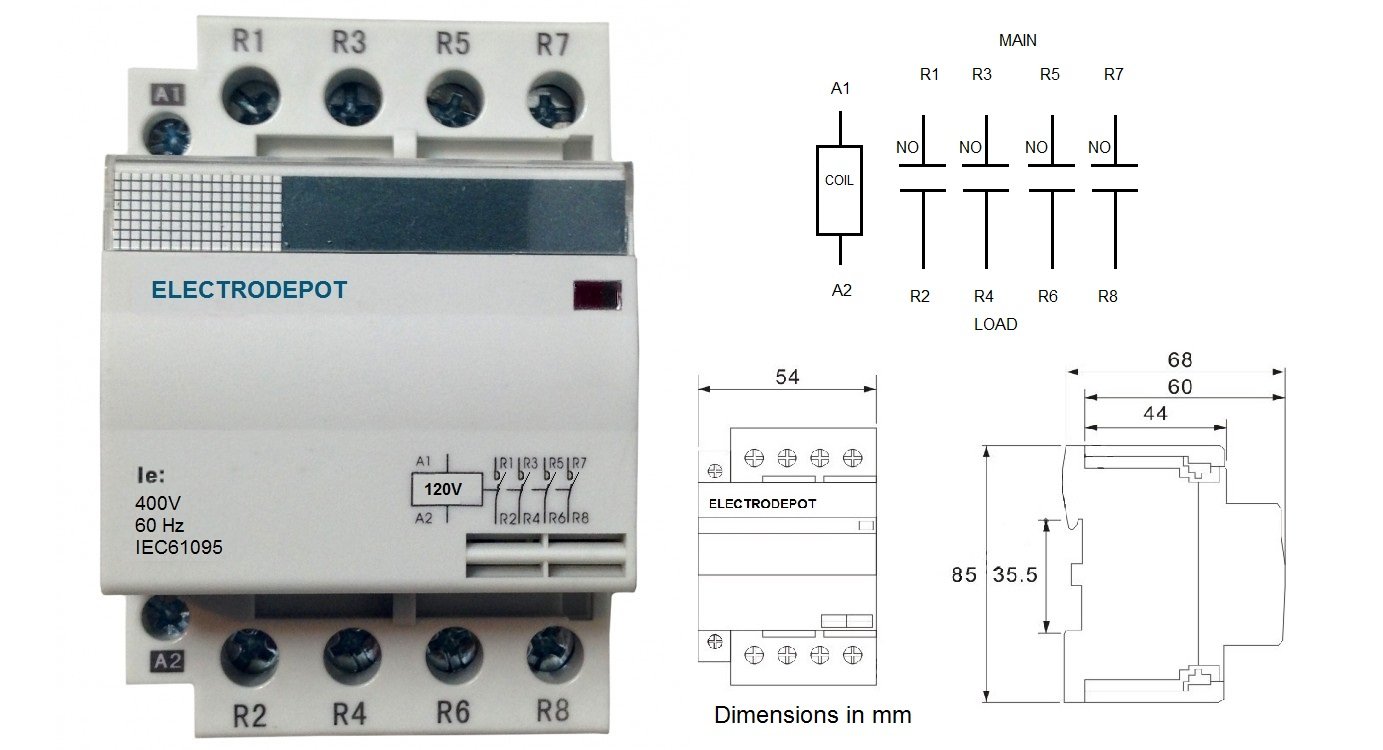 4 Pole Controlsupply Contactor with 120volt AC Coil 50A HC1-63 N/O Universal Circuit Control DIN Rail Mount 63A, Lighting 40A, 30A, Silent Operation 3