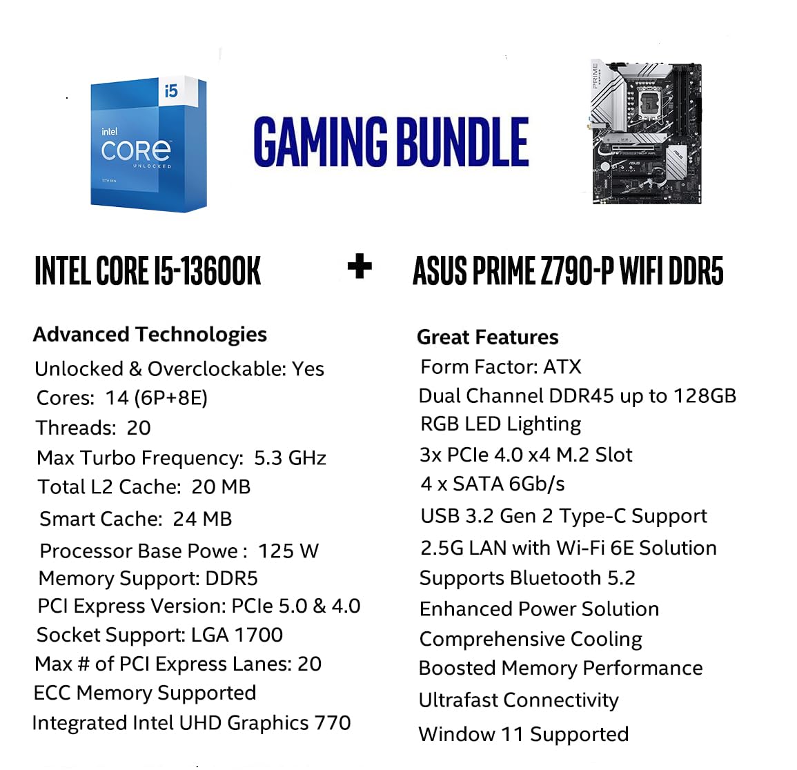 Micro Center Intel Core i5-13600K 14 (6P+8E) Cores up to 5.3 GHz Unlocked Desktop Processor with Integrated Intel UHD Graphics 770 Bundle with ASUS Prime Z790-P WiFi DDR5 ATX Gaming Motherboard 3