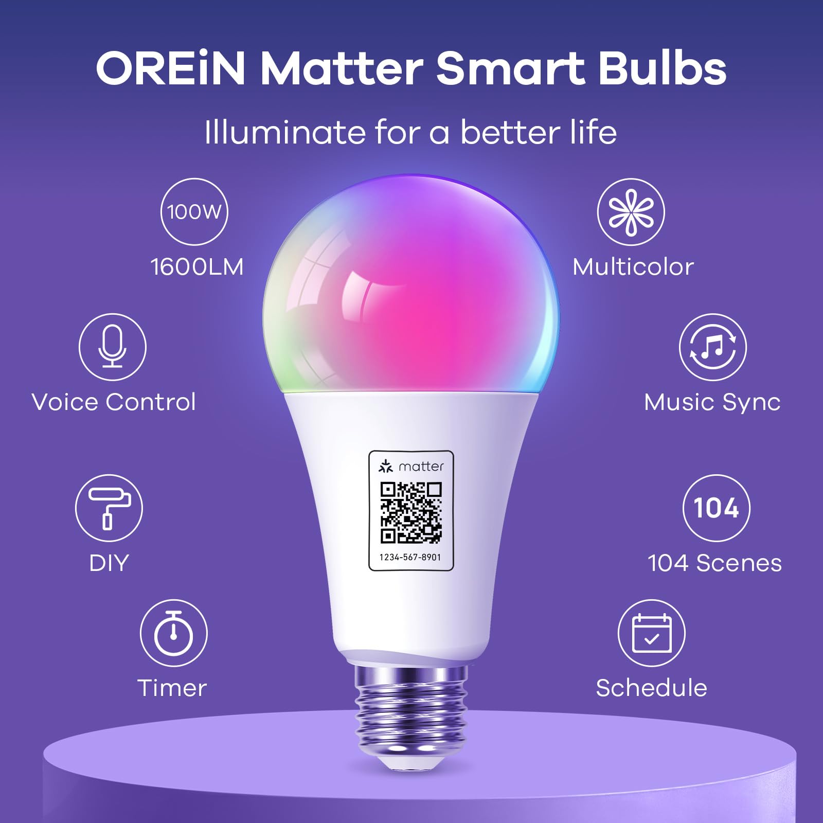 OREiN Matter Smart Light Bulb, 1600/1200 Lumens 100W/85W Equivalent Smart Light Bulbs, Color Changing Light Bulbs Work with Apple Home, Alexa, Google Home, SmartThings 3