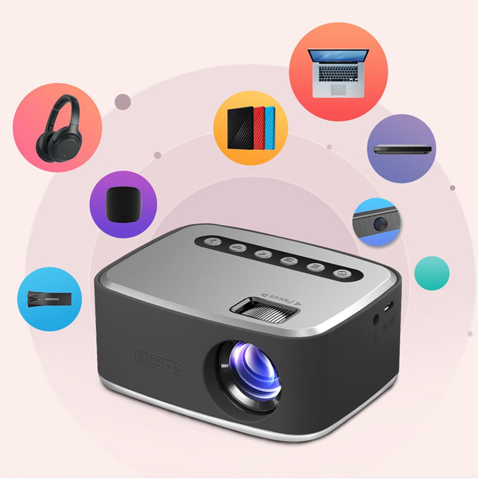 T20 Mini Projector Portable Pocket Home Cinema Projector, 1080p LED Home Media Video Player Movie Projector - USB Charging, Built-In High-Speakers, Support Multi-device Connection 3