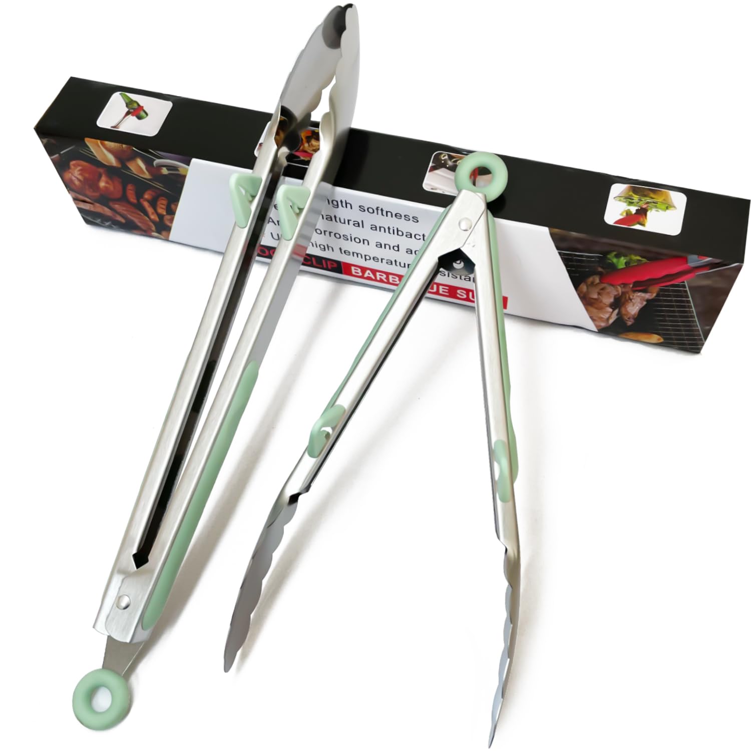 Kitchen Grilling Tongs 9"+12”, 2Pcs Stainless Steel Tong for Cooking with Stand, Food Grade Small Serving Tong for Barbecue Salad, Green 1