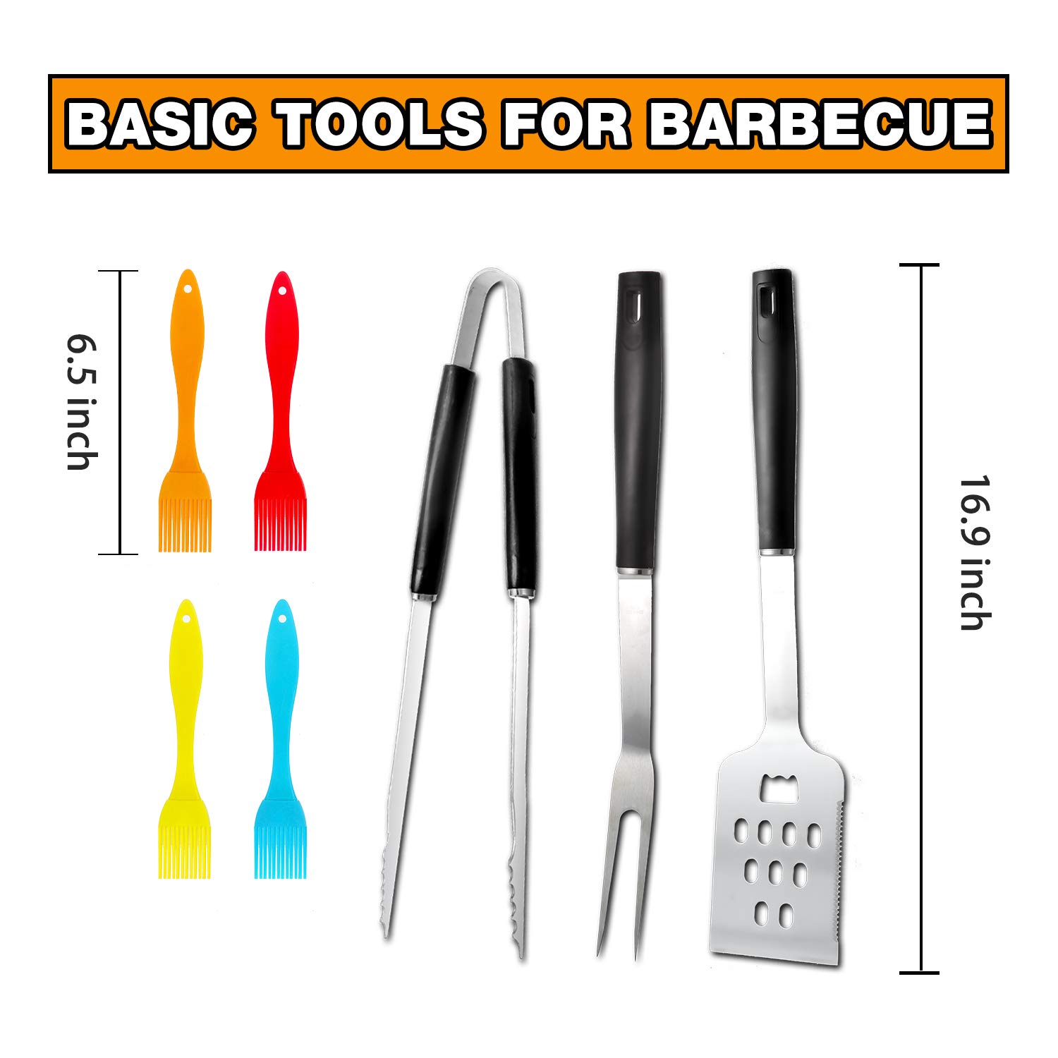 Ranphykx BBQ Grill Tool Set. 7pcs Barbecue Grilling Accessories, Includes - Stainless Steel Spatula, Fork, Tongs, Silicone Basting Brush 2