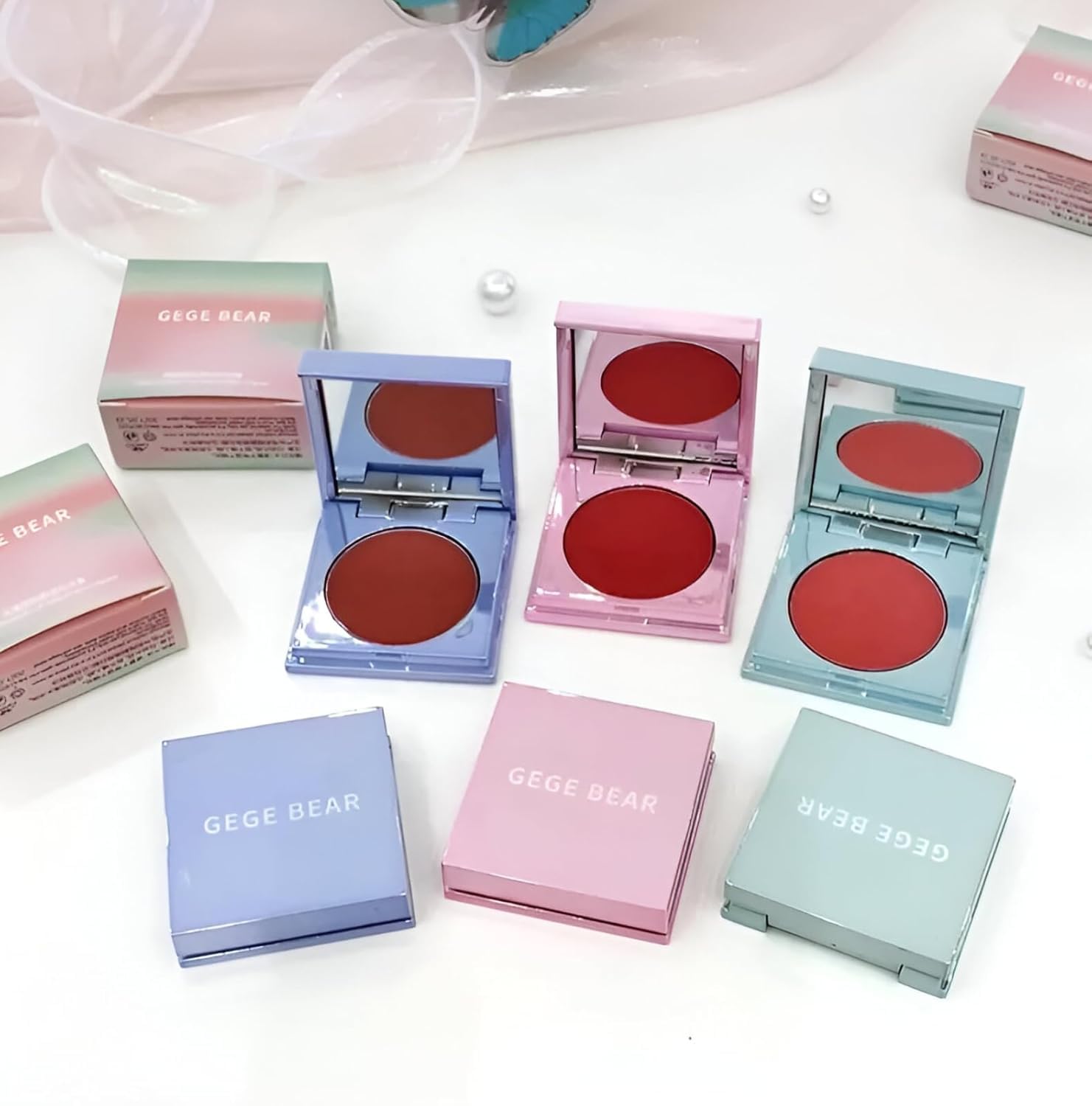Gege Bear Tipsy Cream Blush | Kawaii Aesthetic Pastel Colors Pink Light Brown Red Rose | Soft & Smoothly Blend | Lightweight Feel Long Lasting Waterproof | 2 in 1 Lip and Cheek Balm | Silk Heart Blush Compact | Glow for Cheeks | Best For Women (02# Xia Xiao, 2.5g) 1