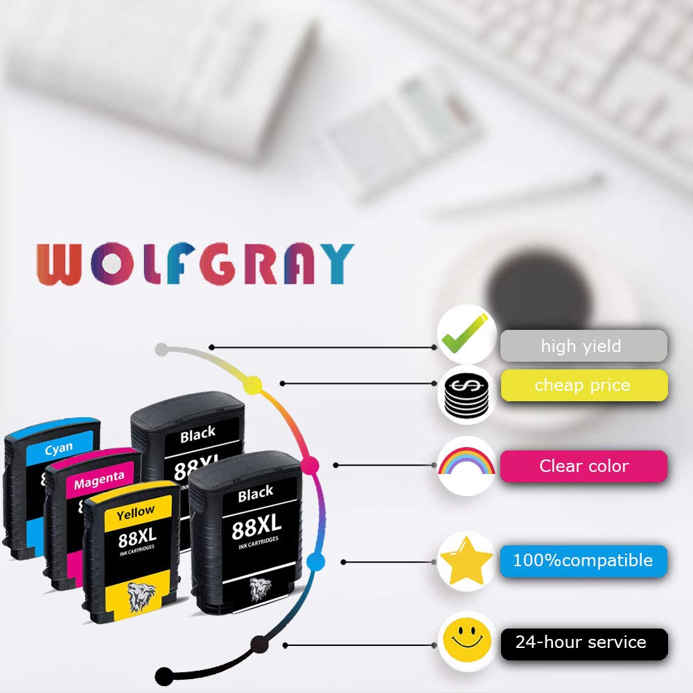Wolfgray 88XL Ink Cartridge Compatible for HP 88XL 88 XL Combo Pack High Yield for HP Officejet Pro K5400 K550 K8600 L7480 L7550 L7580 L7590 L7650 L7680 L7750 L7780 (1Black 1Cyan 1Magenta 1Yellow) 5