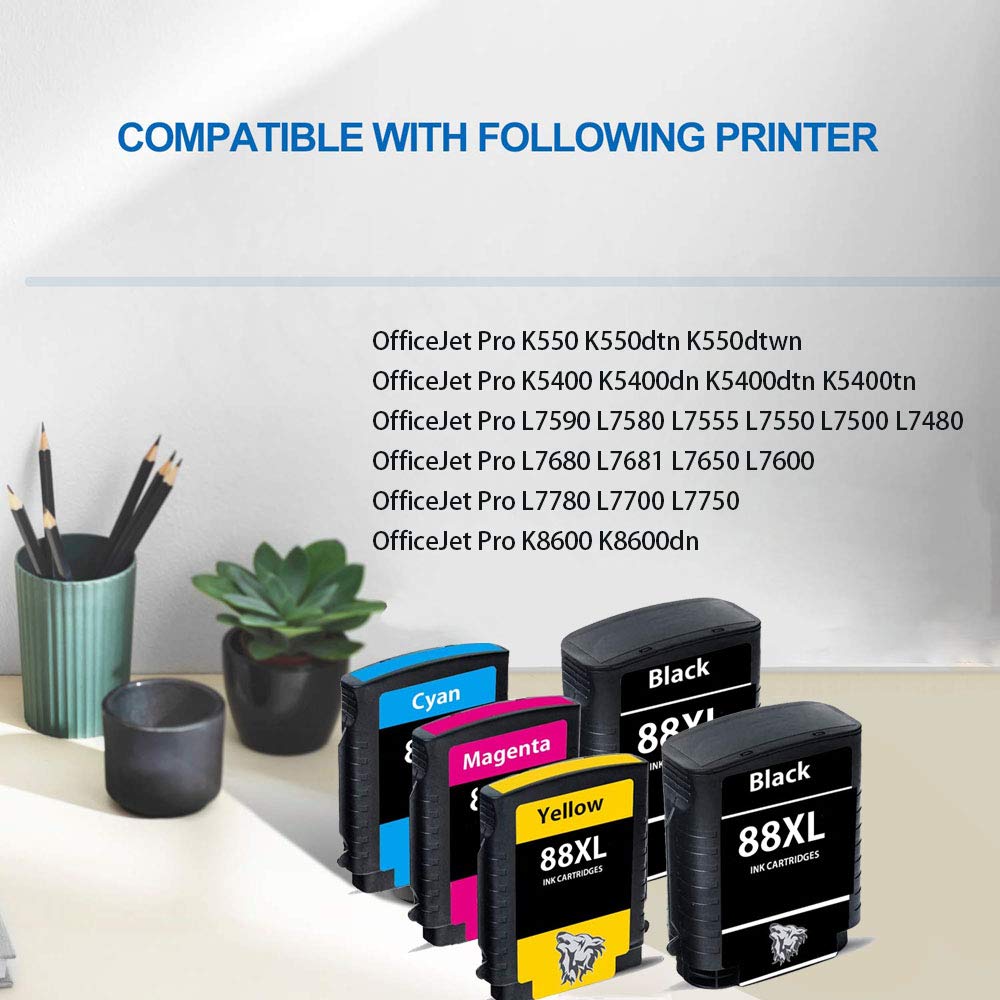Wolfgray 88XL Ink Cartridge Compatible for HP 88XL 88 XL Combo Pack High Yield for HP Officejet Pro K5400 K550 K8600 L7480 L7550 L7580 L7590 L7650 L7680 L7750 L7780 (1Black 1Cyan 1Magenta 1Yellow) 3