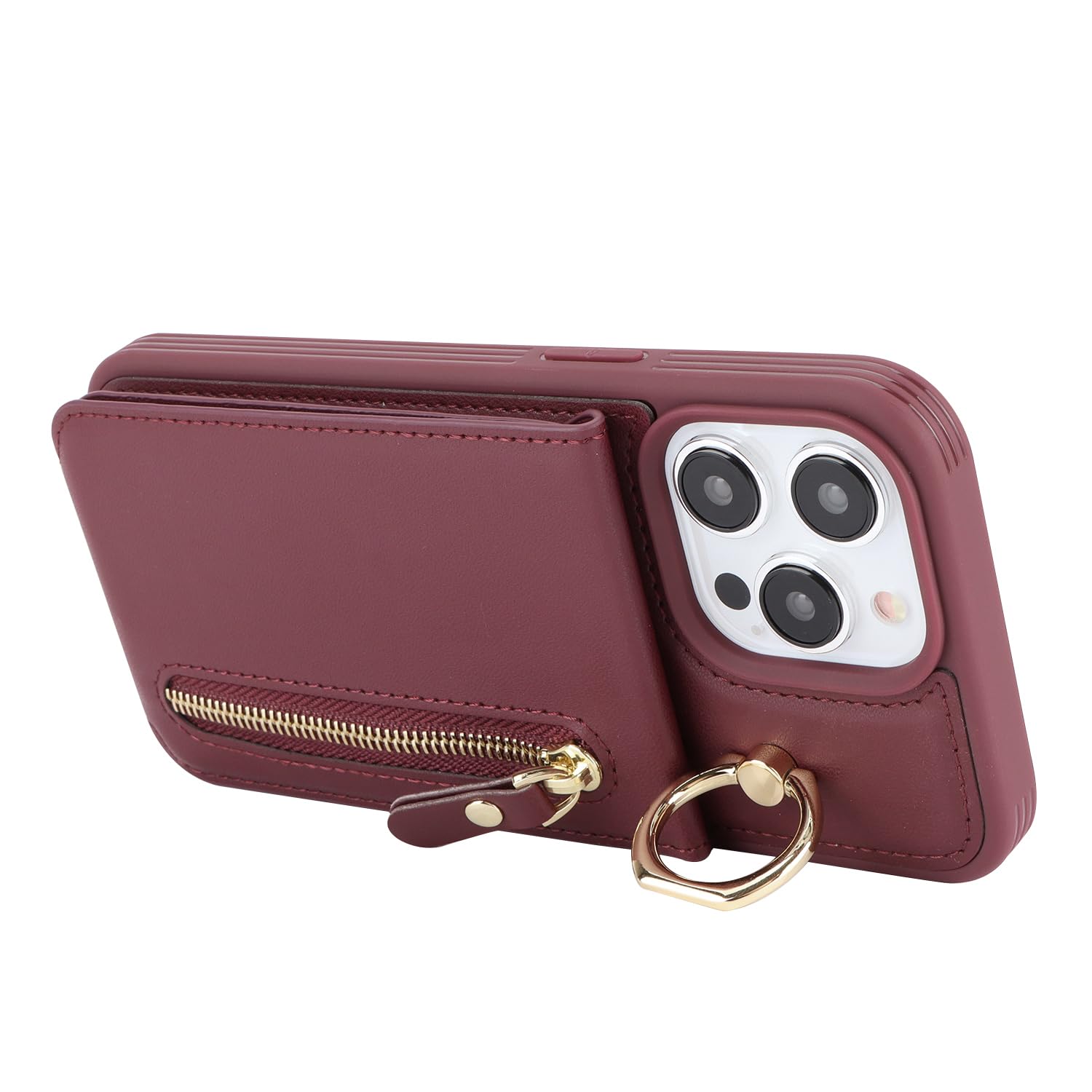 DEYHU for iPhone 14 pro Max Case with Card Holder for Women, for iPhone 14 pro Max Phone Case Wallet with Credit Card with Ring Kickstand Zipper Shockproof Slim Stand Case - Red Wine 5