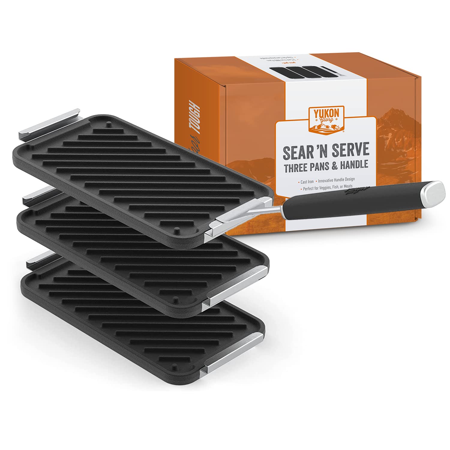 Yukon Glory™ SEAR 'N SERVE Cast Iron Grill Pan Set Includes 3 Cast Iron Grilling Baskets & Clip-On Handle - Cast Iron grill pans for stove tops or Outdoor Grills 1