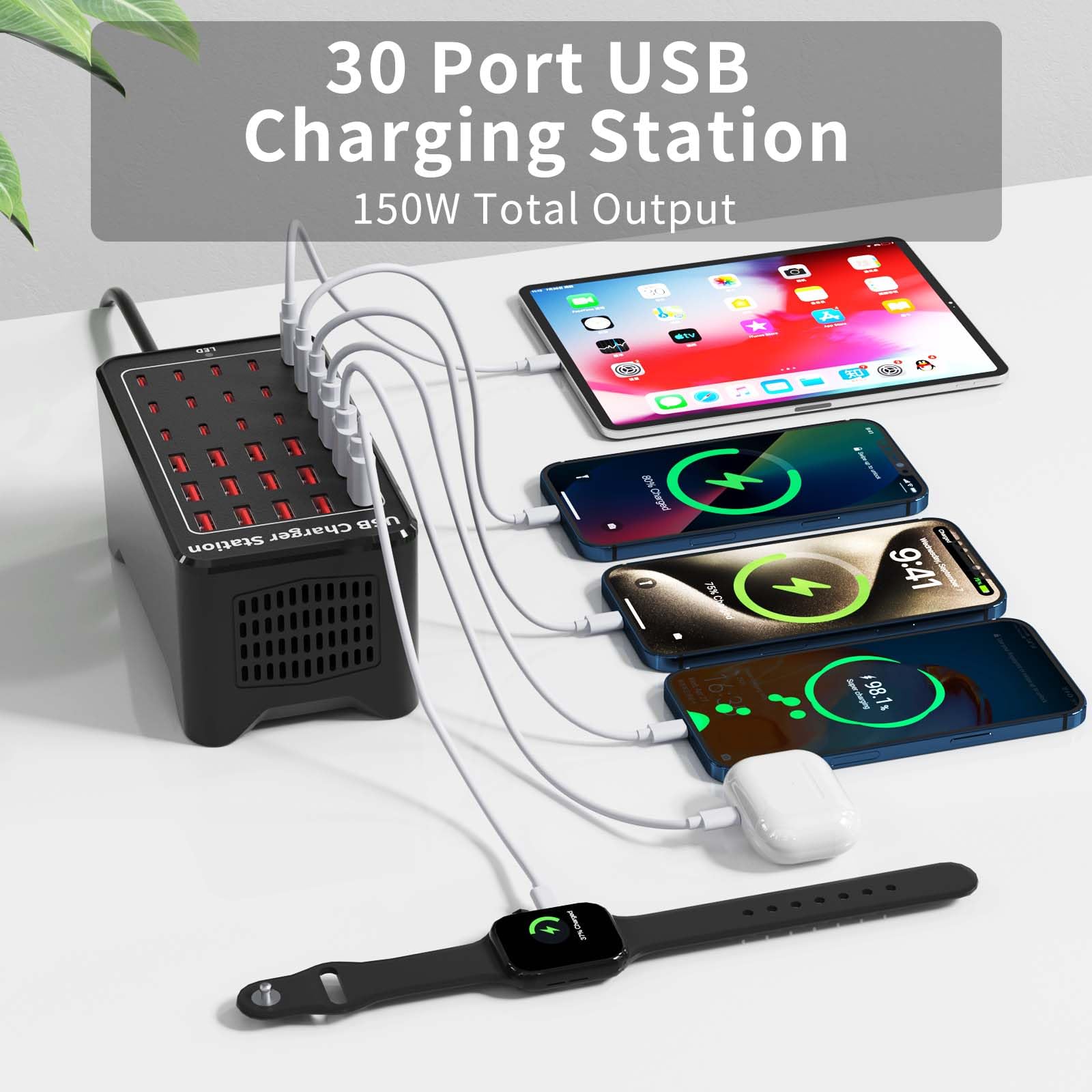 150W(30A) USB Charging Station, 30-Port USB C Charger Block, Multiple Desktop/Wall Fast Charger with Intelligent Protection Compatible with iPhone, iPad, Tablets, Smartphones 3