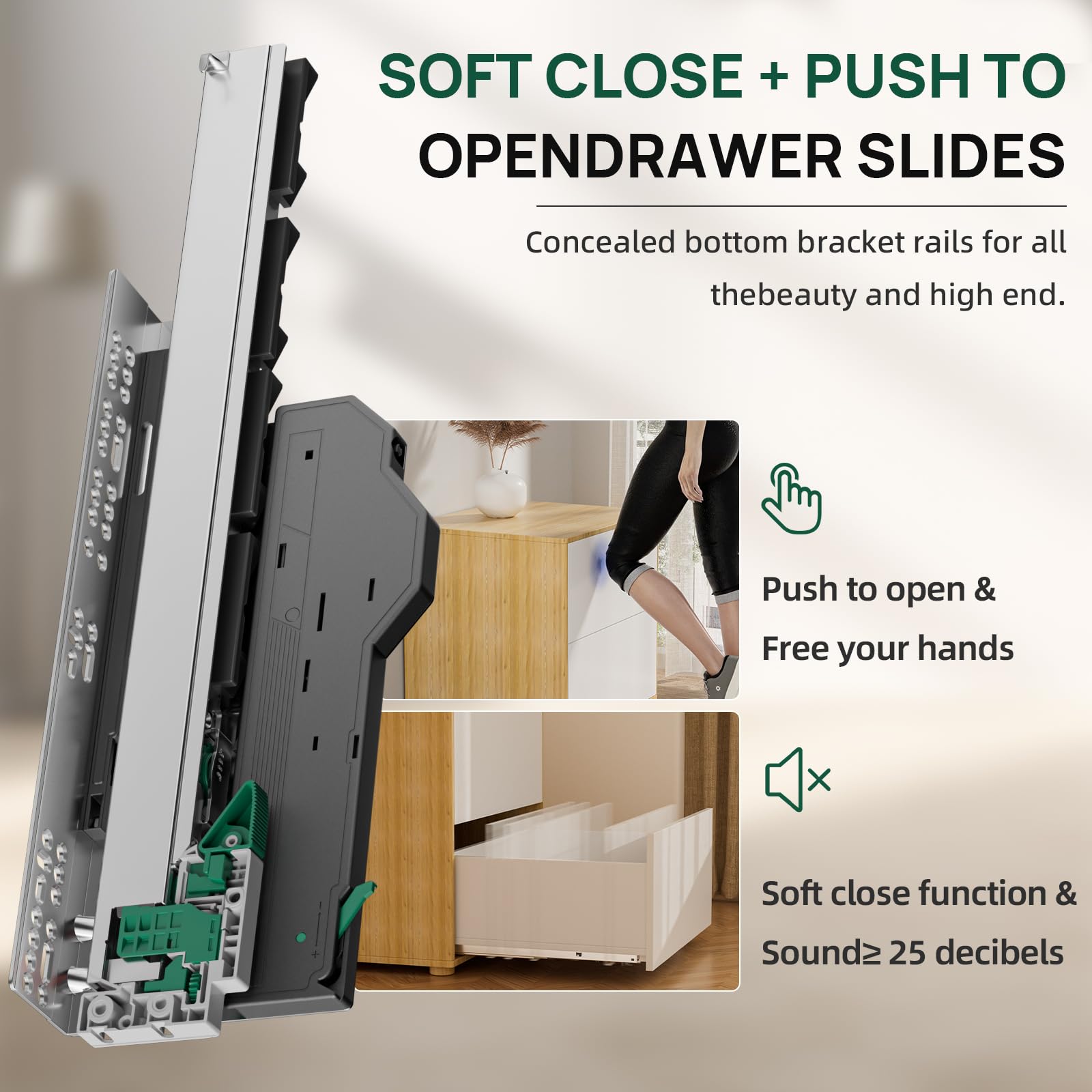 PHWALK Push to Open and Soft Close Drawer Slide 22 inch Push to Open Soft Close Dual Function Linkage Drawer Slide Full Extension Concealed Rails Track 100 lb Load Capacity 1 Pair 6