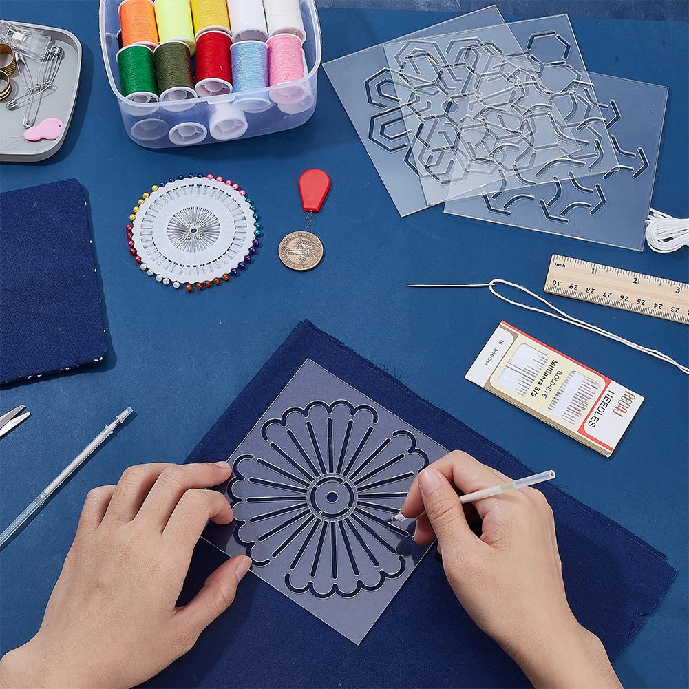 WEBEEDY 4 Styles Acrylic Sashiko Stencil Reusable Tree,Hexagon,Windmill,Clover Sashiko Pattern Template for Adults Beginners Drawing Line Template for Hand Quilting Embroidery,12x12x0.2cm/4.7x4.7x0.1 6