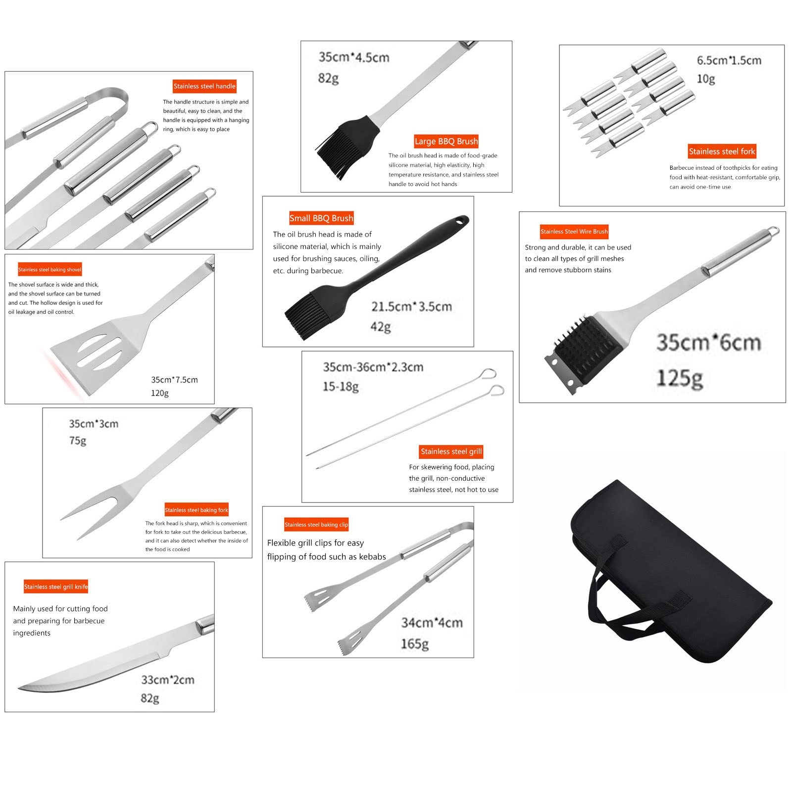 SEFAX Portable Camp Cooking Utensil Set, Stainless Steel Grilling Kit, Grill Accessories, BBQ Tools Set, Suitable for Travel, Picnics, RVs, Camping, BBQs (Size : 18pcs) 3