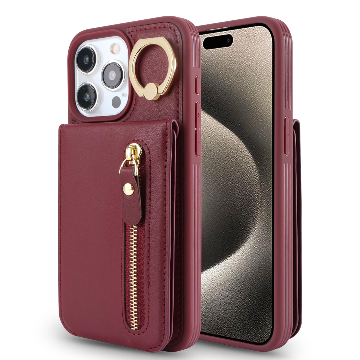 DEYHU for iPhone 14 pro Max Case with Card Holder for Women, for iPhone 14 pro Max Phone Case Wallet with Credit Card with Ring Kickstand Zipper Shockproof Slim Stand Case - Red Wine 4