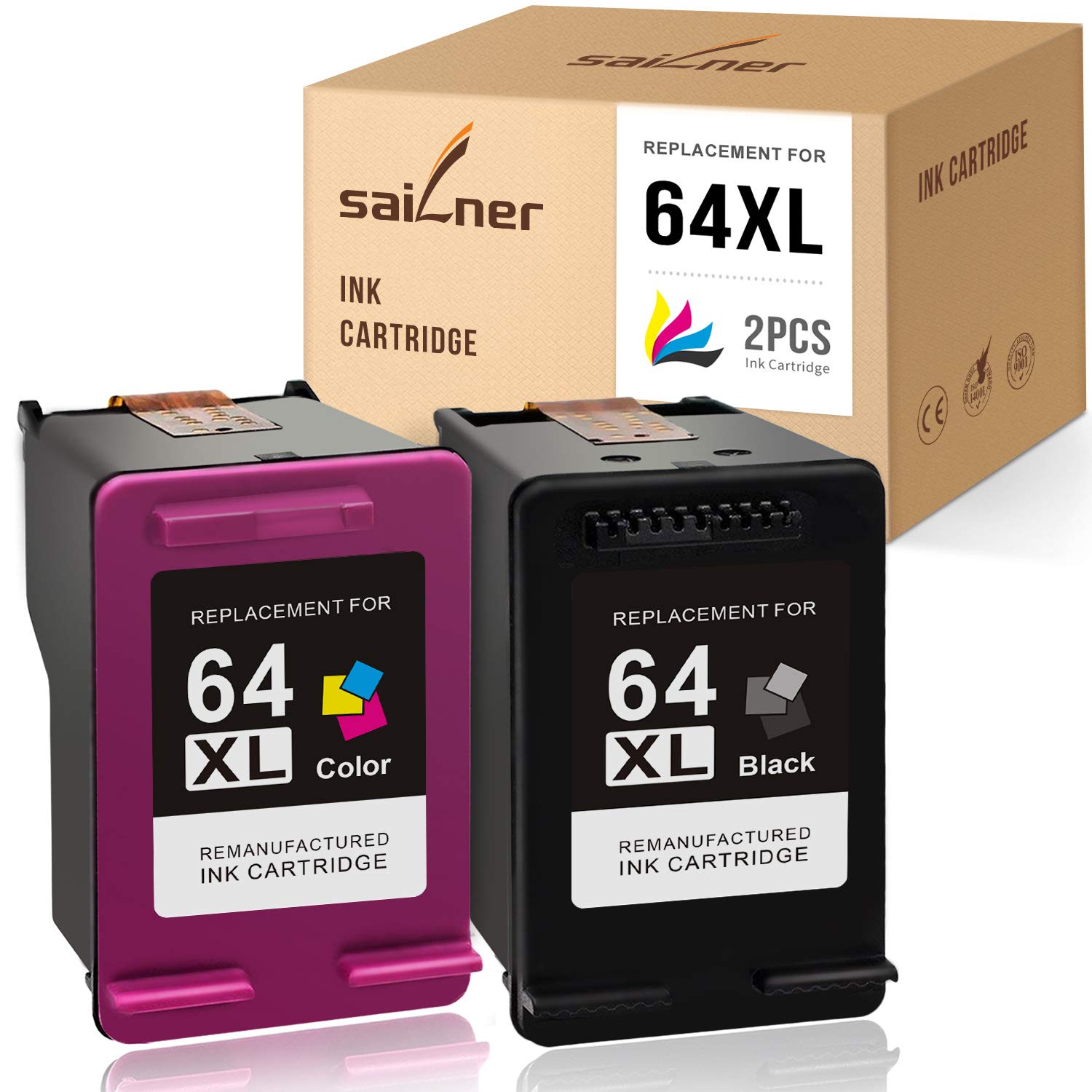 SAILNER Remanufactured Ink Cartridge Replacement for HP 64 XL 64XL to use with ENVY 7858 7855 7155 6255 7800 Tango X 6252 5542 7164 Black Tri-Color (2 Pack) show ink level 1