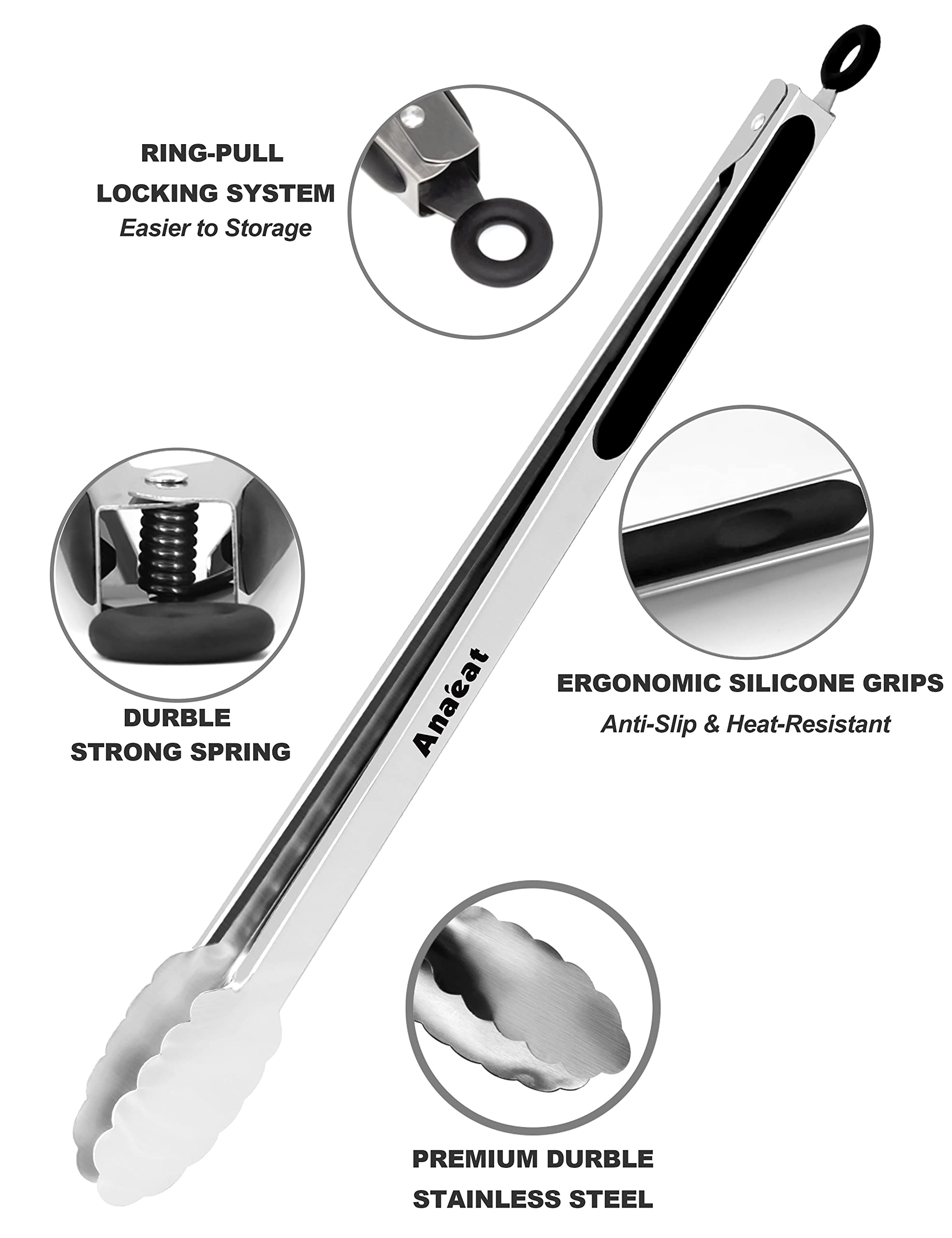 Anaeat Extra Long Stainless Steel Grilling Locking Tong, 17" Sturdy Coiled Spring Kitchen Food Tong with Non-Slip Silicone Grip for BBQ, Baking, Cooking - Heat Resistant up to 480°F (Black) 5